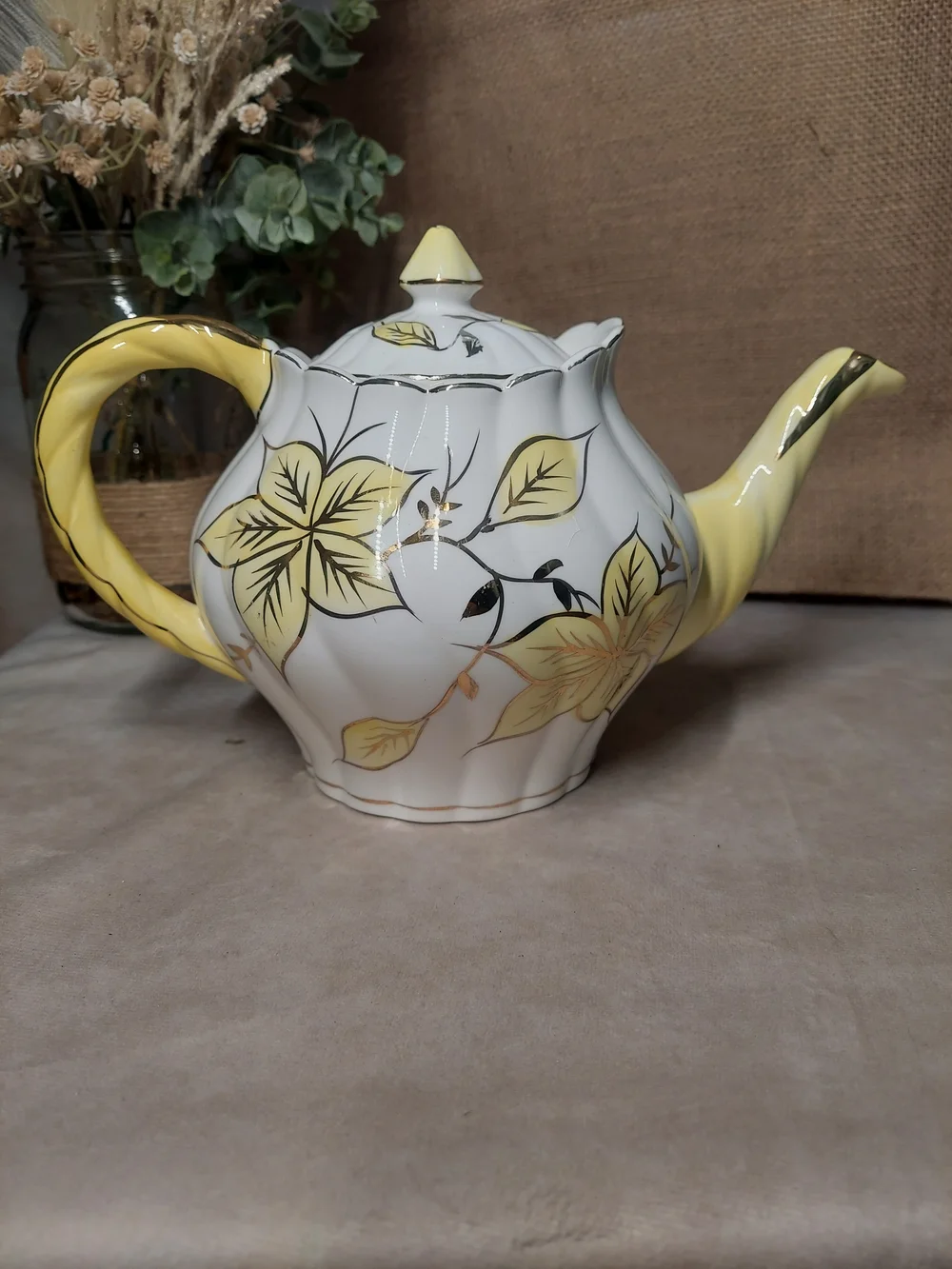 Vintage Royal Sealy Japan Yellow Leaf & Gold Trim Fluted Ceramic Teapot with Lid